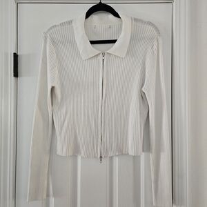 White Ribbed Zip-Up Cardigan
